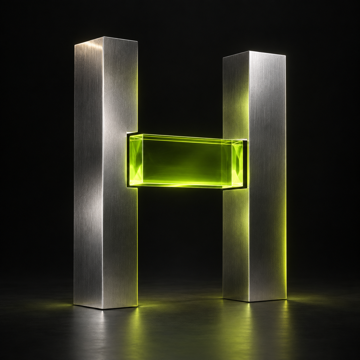A sculptural H in brushed titanium and luminous green glass